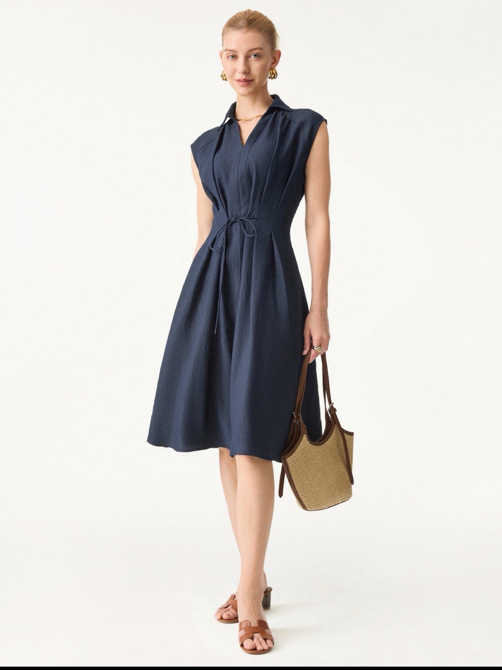 Ogl Navy Collared Tie-Waist Midi Dress